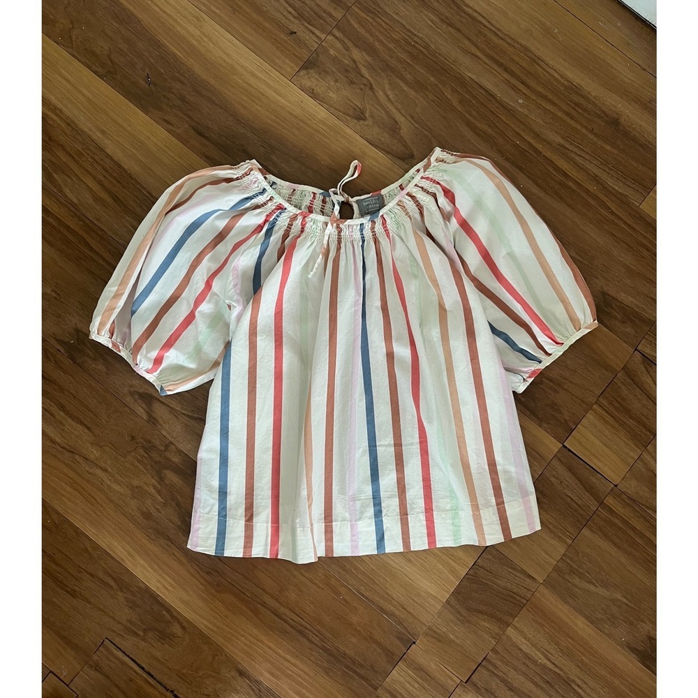 Berkley Jensen Women XXL Multi Color Striped  Neck Puff Sleeve Cotton top boho